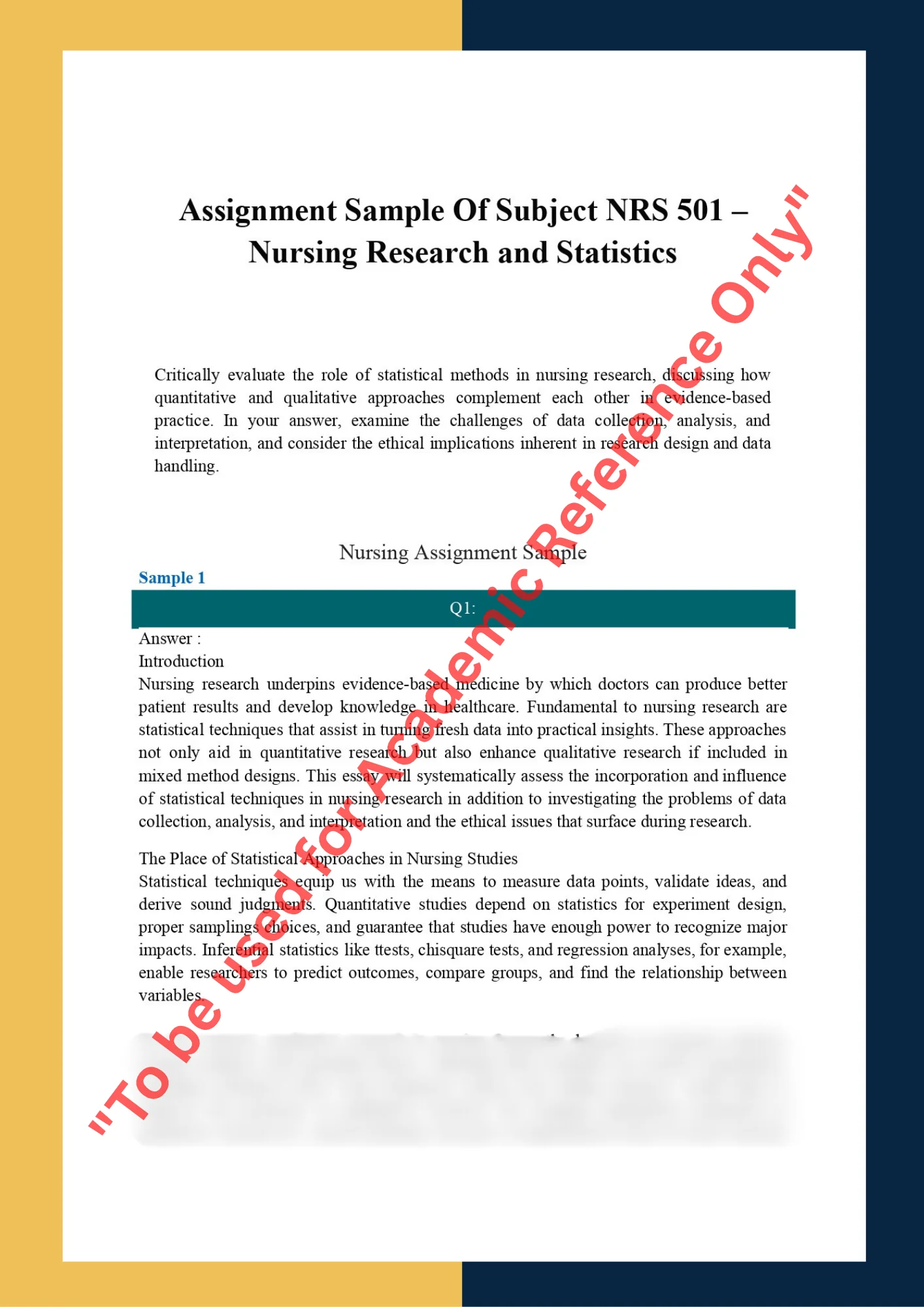 Assignment Sample Of Subject NRS 501 – Nursing Research and Statistics 0